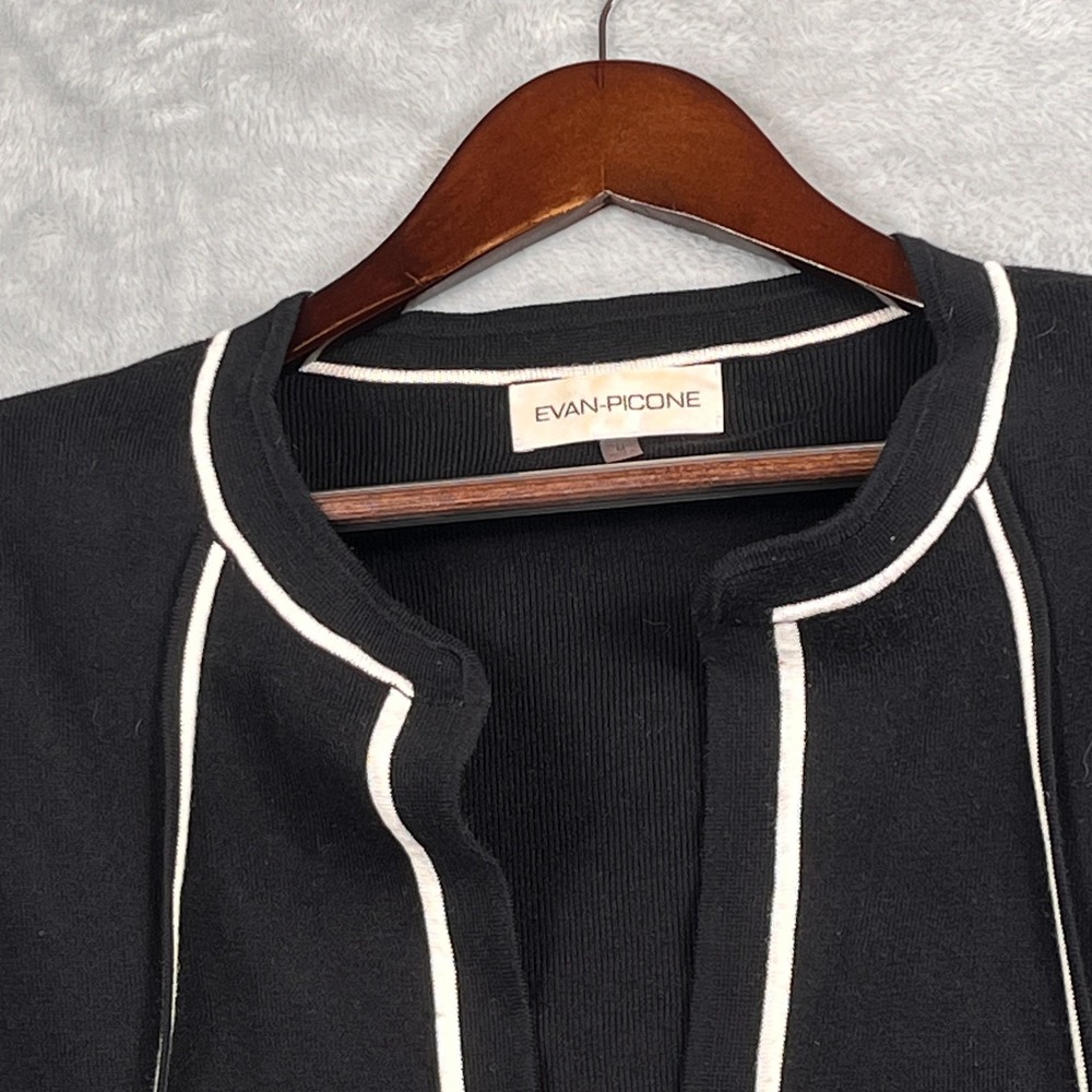 Evan Picone Womens M Open Cardigan Sweater Black White Trim Pockets Classic - Picture 2 of 8